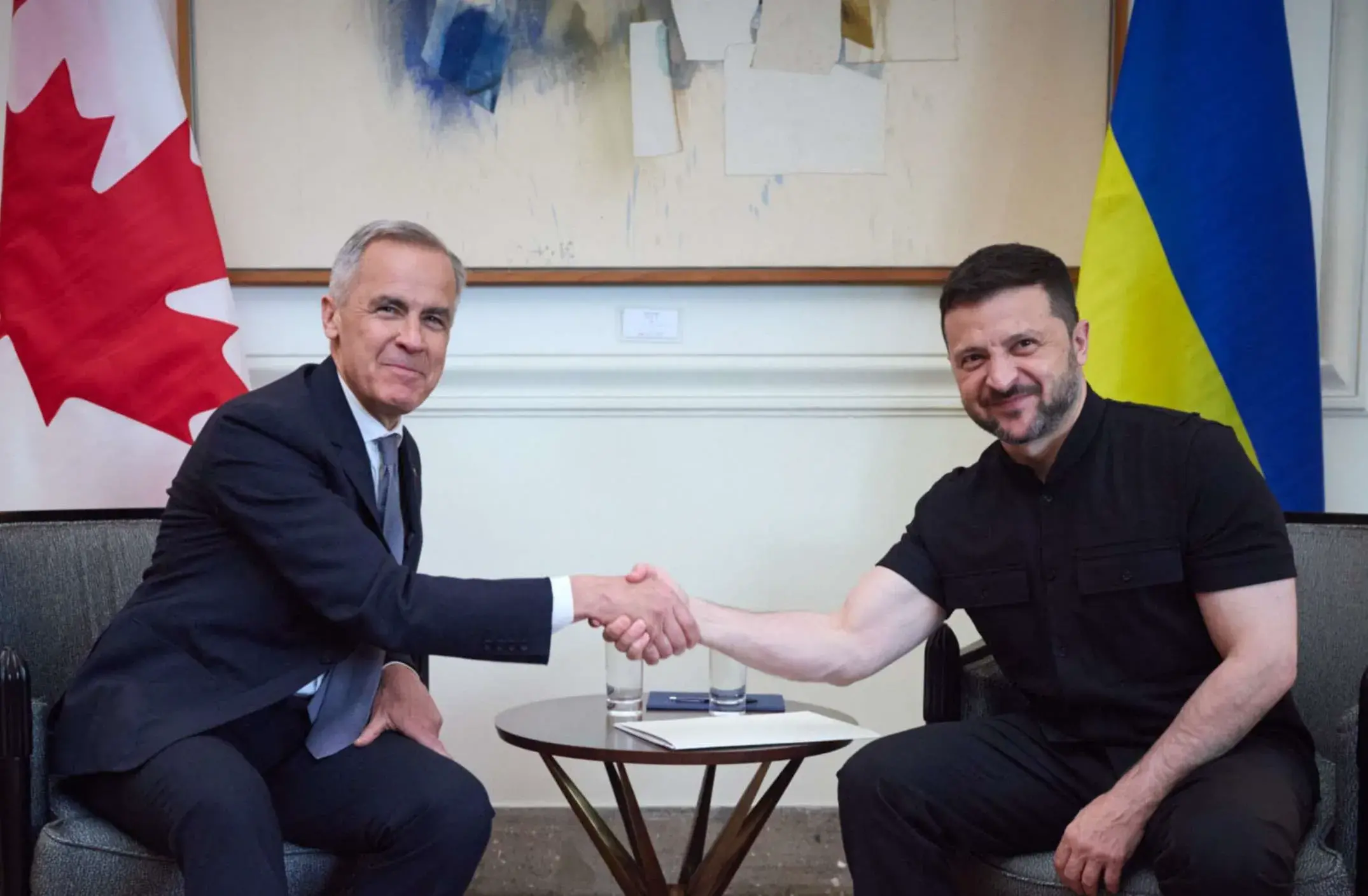 Ukrainian President Volodymyr Zelensky and newly appointed Canadian Prime Minister Mark Carney