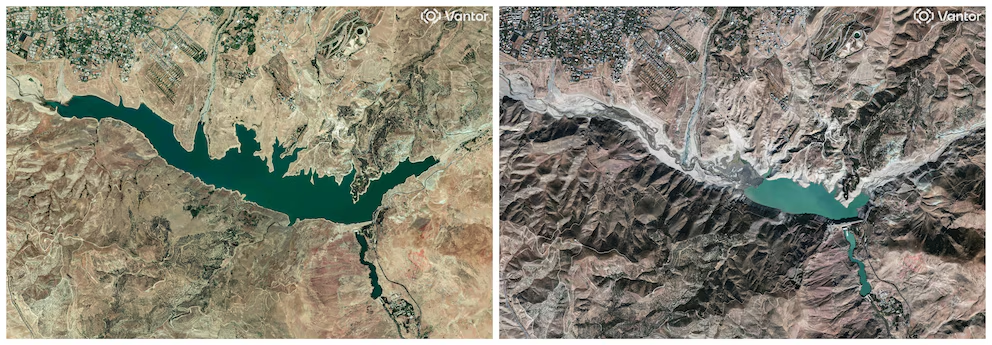 A combined image shows satellite views of variations in the water level of the Latian Dam, in Lavasan, Iran, on June 20, 2025 (left) and November 3, 2025 (right) (Vantor/REUTERS)