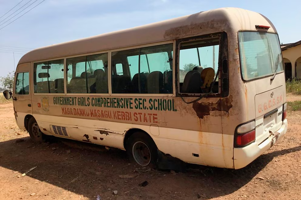 A view of the school bus of the Government Comprehensive Girls' High School, where armed men attacked the school dormitory on Monday and kidnapped female students, in Kebbi, Nigeria, on Tuesday, November 18, 2025. (AP Photo/Tunde Omolehin)